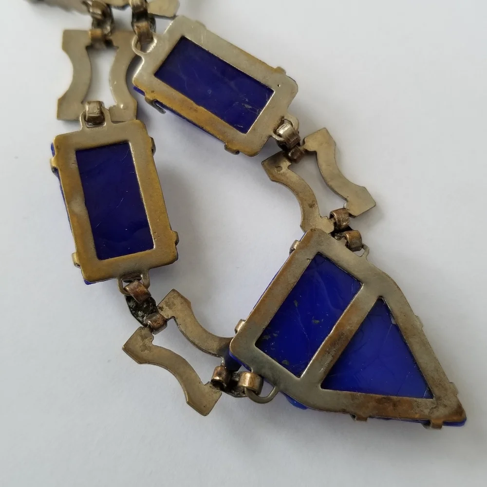 Relisted-Vintage Art Deco necklace blue glass silver tone choker - Picture 12 of 17